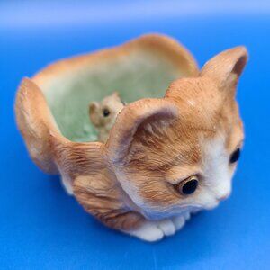 Vintage Stone Critters Critter Keeper Trinket Dish Orange Cat Mouse Cheese NOLID
